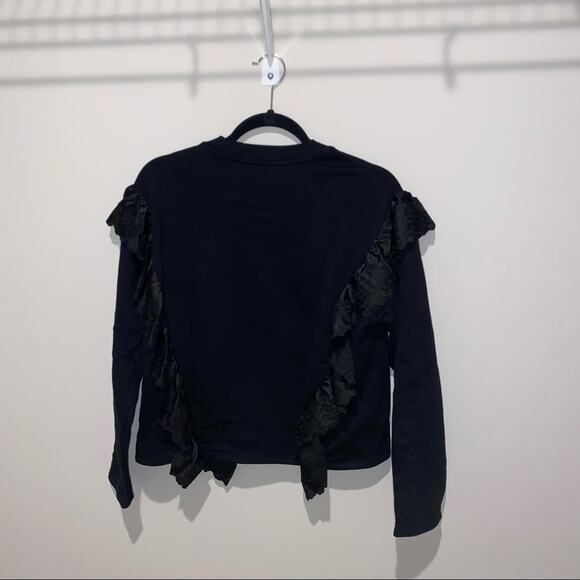 ZARA Eyelet Crewneck Ruffle Long Sleeve Sweatshirt Top Black - Picture 7 of 7